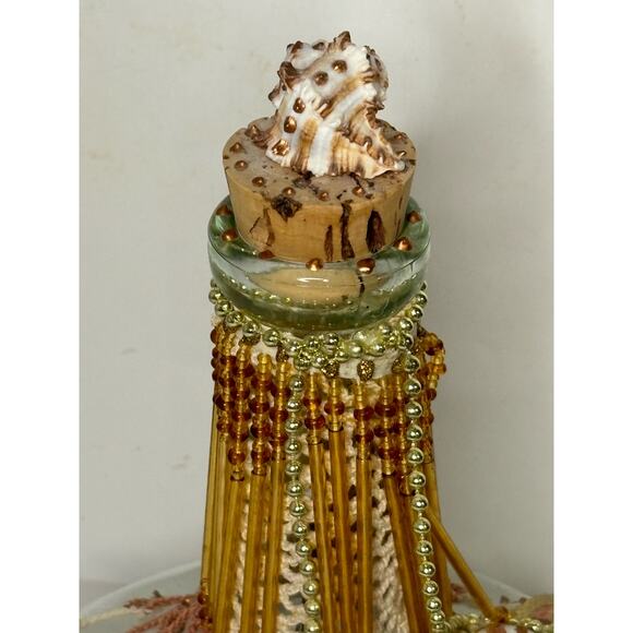 Elegant Beach Decor Glass Bottle Artisan Shell Netting Beaded Gold Ivory 10" - Picture 3 of 6
